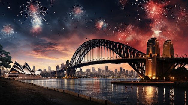 Foto fuegos artificiales sobre un puente para un evento especial de celebración