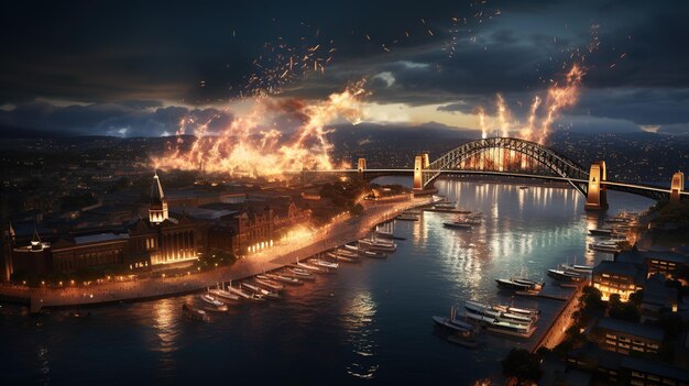 Fuegos artificiales sobre un puente para un evento especial de celebración