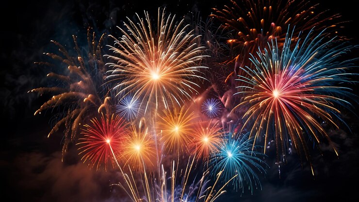 los fuegos artificiales se ven en un cielo oscuro con un fuego artificial azul y rojo en el fondo