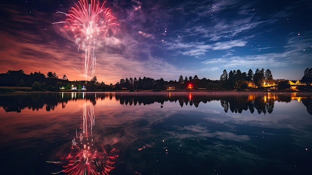 los fuegos artificiales se ven en el cielo sobre un lago.