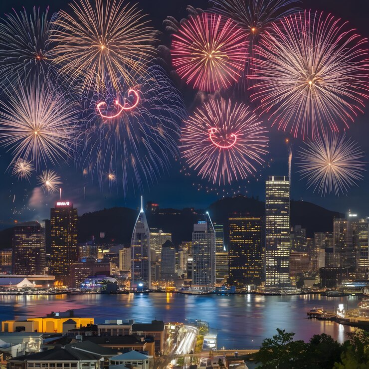 los fuegos artificiales se ven sobre un horizonte de la ciudad con un horizon de la ciudad en el fondo