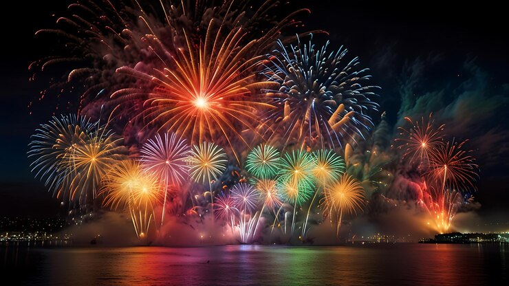 los fuegos artificiales se ven sobre un lago con un barco en el fondo