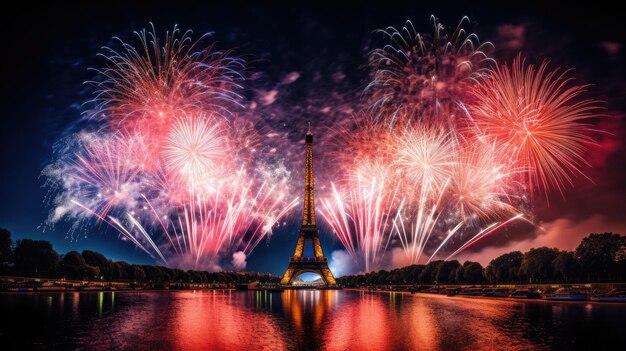 los fuegos artificiales se ven sobre la torre y la ciudad al fondo.