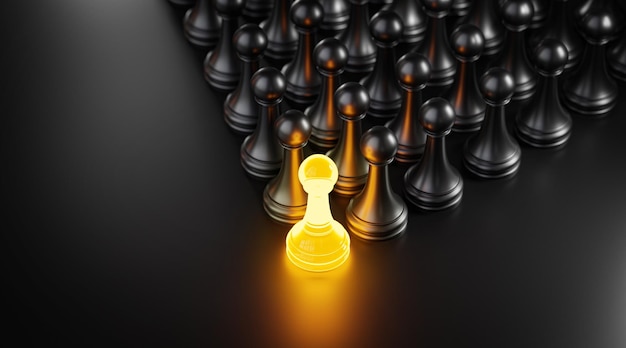 Führungskonzept Yellow Glow Pawn Chess Leading Black Pawn Formation 3D Render