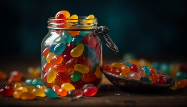 Fülle an bunten Süßigkeiten in großen Gläsern, generiert durch KI