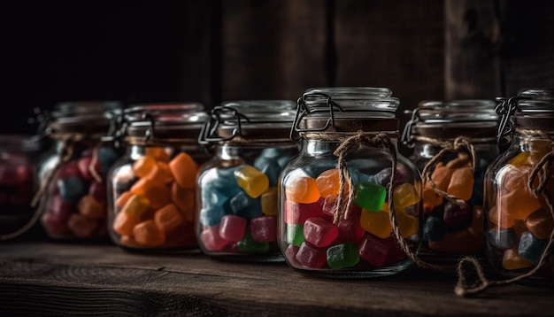 Fülle an hausgemachten Süßigkeiten in rustikalen Holzgläsern, generiert durch KI