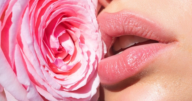 Fülle, sinnliche Lippen, Lippen mit rosa Rosen, sinnliche Frauens Mund, Makro Lippen, sensuelle Lippen mit Rosa.