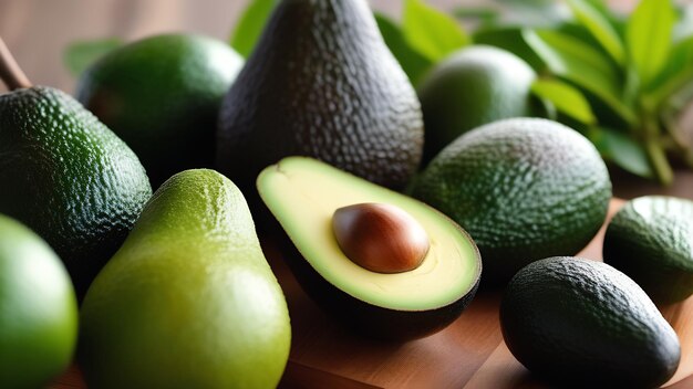 Fülle von Avocados auf dem Tisch Grün und gesundes Essen mit allen notwendigen Nährstoffen und Vitaminen