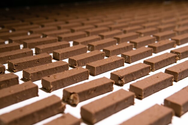 Füllungen für Süßigkeiten vor dem Ausgießen mit Schokolade bewegen sich auf dem Förderband einer Süßwarenfabrik
