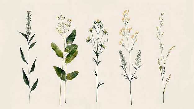 Fünf Aquarellbilder verschiedener Arten von grünen Pflanzen und Blumen