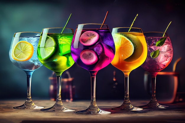 Fünf bunte Gin-Tonic-Cocktails in Weingläsern auf der Bartheke im Pup oder Restaurant Generative Ai