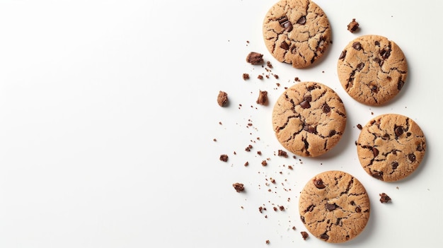 Fünf Chocolate Chip Cookies auf weißer Oberfläche