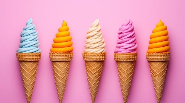 Fünf Eiscreme-Kegel mit verschiedenen Farben auf einem rosa Hintergrund