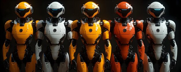 Fünf fortschrittliche Roboter stehen in einer Reihe mit dunklem Hintergrund auf der Aufmerksamkeit