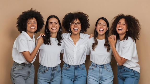 Fünf Frauen unterschiedlicher Altersgruppe in weißen Hemden und Jeans haben Spaß vor einem beigen Hintergrund