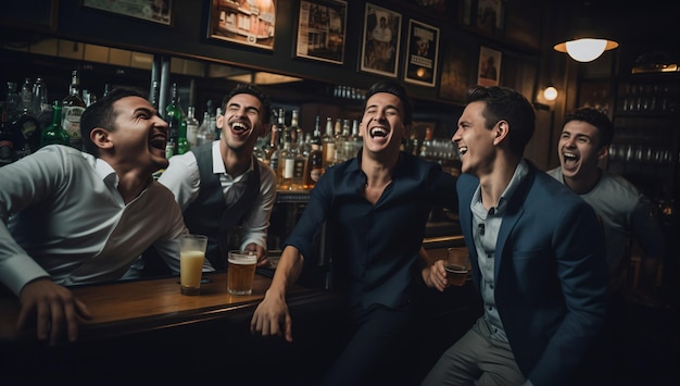 Fünf Freunde lachen und trinken in einer Bar