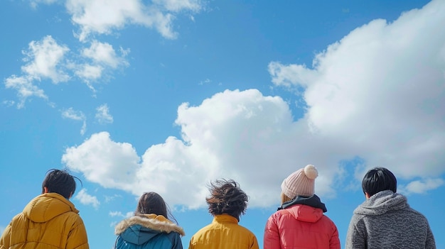 Fünf Personen tragen eine Jacke unter weißer Wolke und blauem Himmel