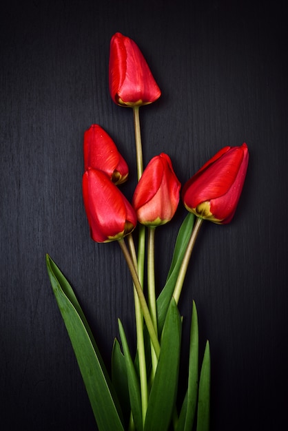 Fünf rote Tulpen auf einer schwarzen Oberfläche