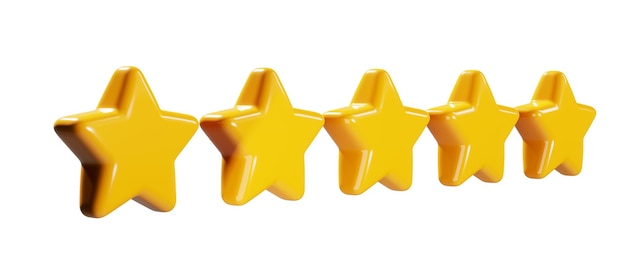 Fünf Sterne glänzend gelb Kundenbewertungs-Feedback-Konzept des Kunden über Mitarbeiter der Website Realistisches 3D-Renderdesign des Objekts für mobile Anwendungen