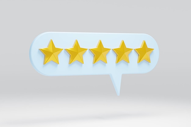 Fünf-Sterne-Rezension Sprechblase Qualitätsüberprüfung Best Excellent Services Rating for Satisfaction Kundenbewertungs-Feedback-Konzept mit fünf goldenen Sternen aus der Kundenproduktbewertung 3D-Rendering