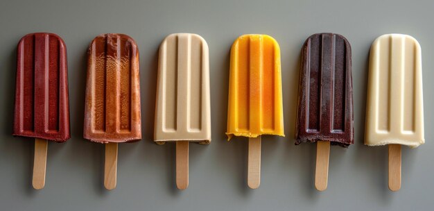 Foto fünf verschiedene farbige eiscreme-sticks auf stöcken