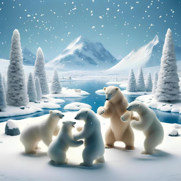 Foto fünf weiche, textierte eisbären stehen spielerisch und interagieren auf einer schneebedeckten