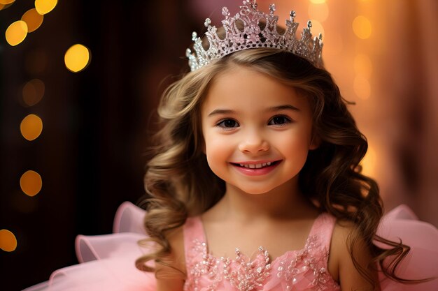 Foto fünfjähriges mädchen in einem rosa, blendenden tulle-kleid auf einer bühne mit einer krone