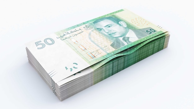 Fünfzig Dirham-Banknotenstapel, marokkanisches Geld, 50 Dirham, 3D-Rendering