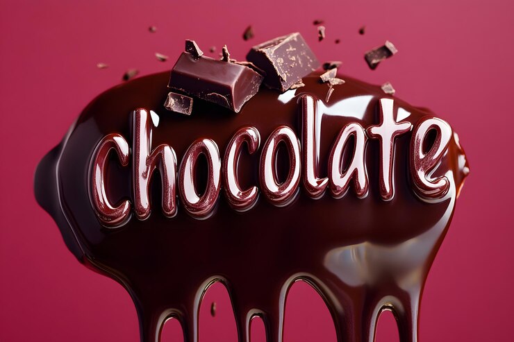 Foto fuente 3d de chocolate líquido goteante con pedazos de chocolate oscuro fresco en un fondo vibrante