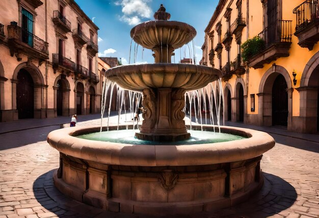 una fuente con agua corriendo por el centro y un fondo de cielo