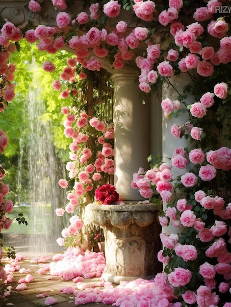 una fuente de agua con flores rosas y una fuente al fondo.