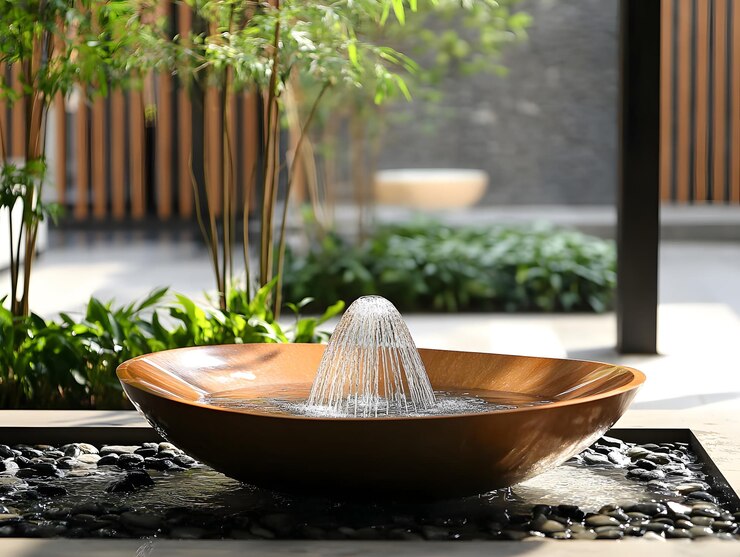 La fuente de agua del jardín redonda minimalista crea un ambiente tranquilo y pacífico