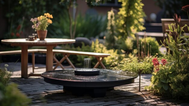 Una fuente de agua en un jardín con rocas y plantas