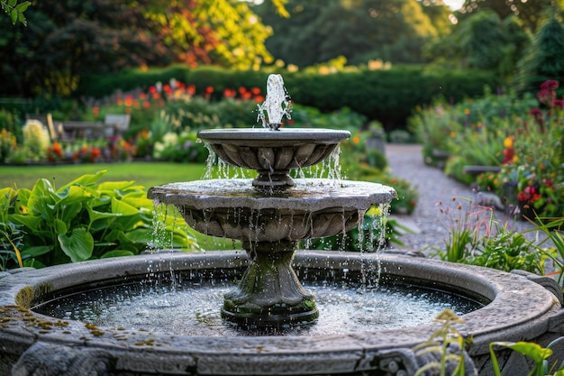 Una fuente de agua en un jardín rodeado de flores