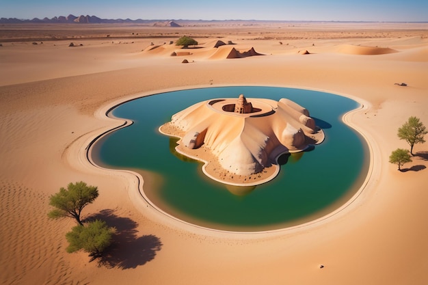 Foto fuente de agua del lago oasis del desierto sorprende agua dulce en la ilustración de fondo de papel tapiz de arena