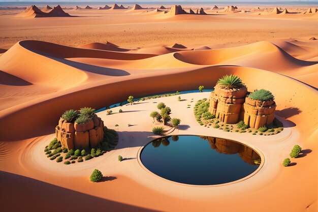 Fuente de agua del lago oasis del desierto sorpresa agua dulce en la arena ilustración de fondo de papel tapiz