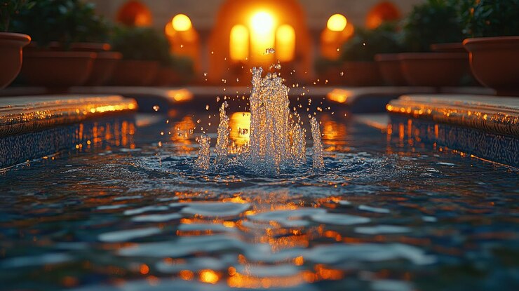 Fuente de agua salpicante en un jardín al atardecer que refleja la luz cálida