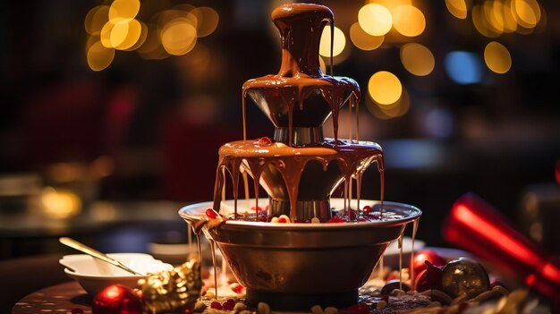 Fuente de chocolate con frutas y bayas iluminación navideña en el fondo IA generativa