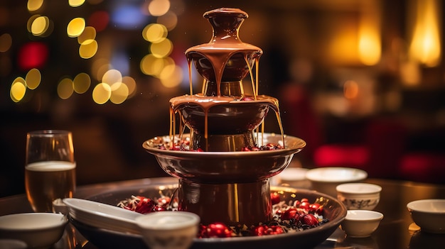 Fuente de chocolate con frutas y bayas iluminación navideña en el fondo IA generativa