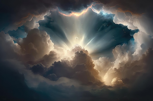Fuente de conciencia brillando a través de las nubes iluminando el cielo