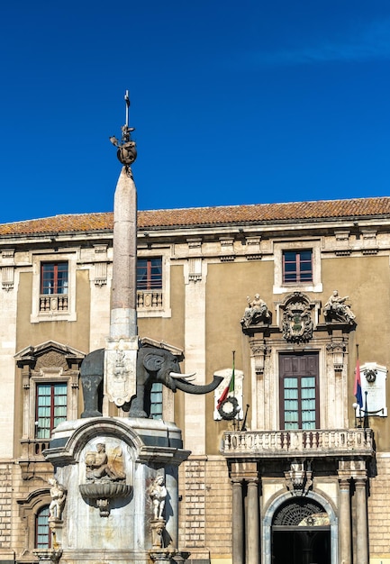 Fuente del elefante y el Ayuntamiento de Catania - Sicilia, Italia