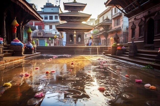 Foto una fuente con flores frente a un templo