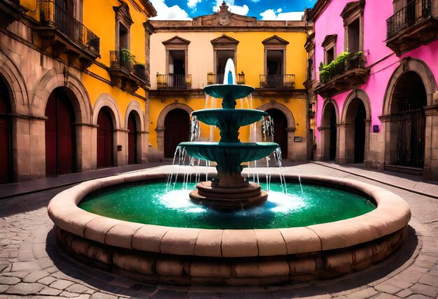 una fuente con una fuente de agua verde delante de ella