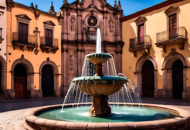 Foto una fuente con una fuente que tiene agua corriendo por ella