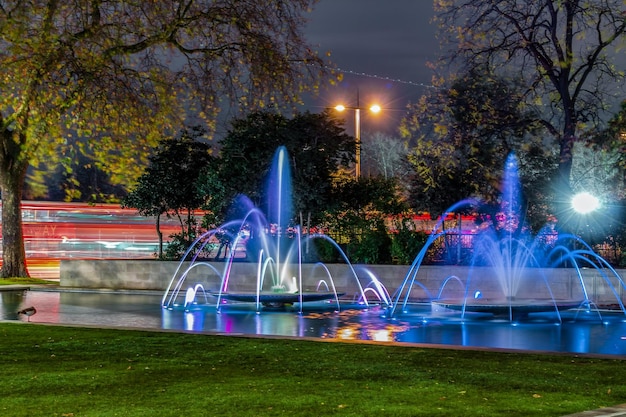 Foto fuente iluminada en el parque por la noche