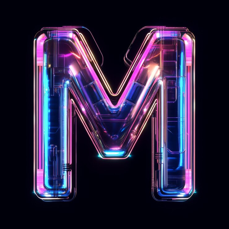 Foto fuente de luz de neón letra m ilustración de renderización 3d aislada sobre fondo negro