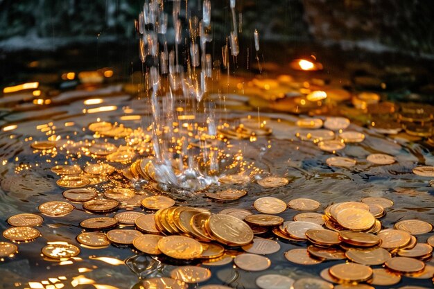 Foto fuente de monedas de oro lloviendo en el parque