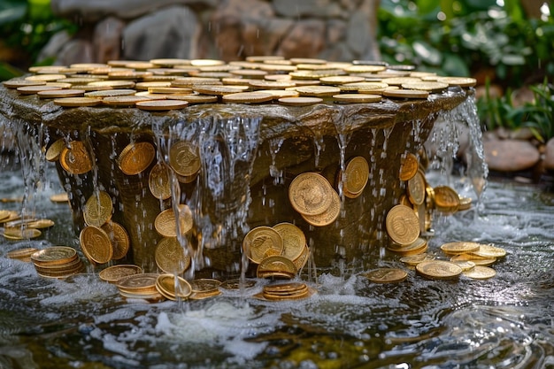 Fuente de monedas de oro lloviendo en el parque