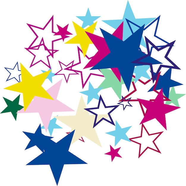 Fuente de objetos organizada a partir de pictogramas de estrellas brillantes al azar como fuegos artificiales