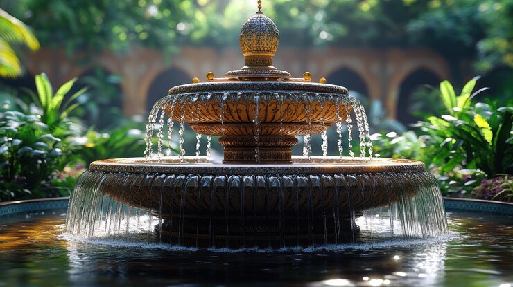 Fuente ornamentada en un jardín exuberante que coloca agua en cascada desde una estructura de piedra decorativa